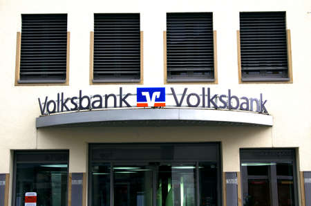 Forchheim, Germany : Volksbank branch. Sign with the logo of the german credit union Volksbank - Raiffeisenbank.のeditorial素材