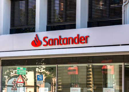 Karlsruhe, Germany : Logo at branch of Santander bank. Banco Santander is the largest bank in the Eurozone and one of the largest banks in the world in terms of market capitalisation.のeditorial素材