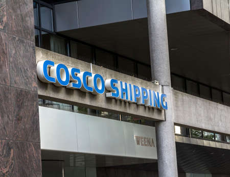 ROTTERDAM, NETHERLANDS -: Company nameplate Rotterdam, office of China COSCO Shipping. The company was formed by the merger of the COSCO Group and the China Shipping Group in Jan. 2016のeditorial素材