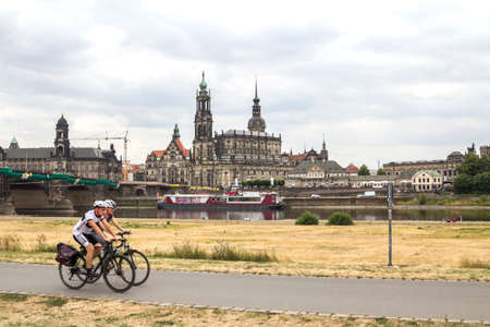 Dresden, Saxony / Germany - July 11, 2019: Dresden city skyline panorama at Elbe River and Augustus Bridge, Dresden, Saxony, Germanyのeditorial素材