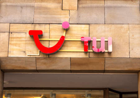 Schwabach, Germany: Tui logo on a wall. Tui is a Anglo-German travel and tourism company headquartered in Hannover, Germanyのeditorial素材