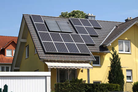 Erlenbach, Germany : Solar panel on a black roof of a private houseのeditorial素材