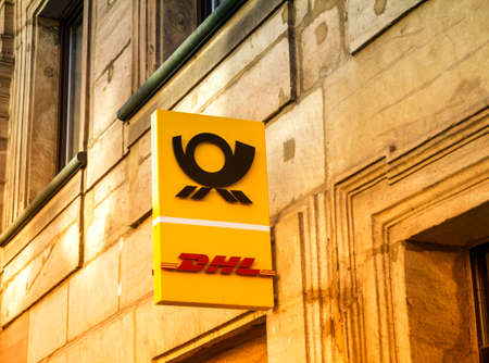 Furth, Germany : DHL, German logistics company Deutsche Post DHL providing international courier, parcel, and express mail services.のeditorial素材