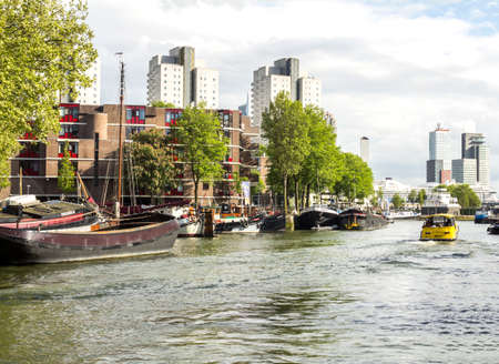 ROTTERDAM, NETHERLANDS - May 9, 19: view of the Leuvehaven ship harbor in the city center of Rotterdam . It is located in the center of Rotterdam near the Erasmus bridgeのeditorial素材