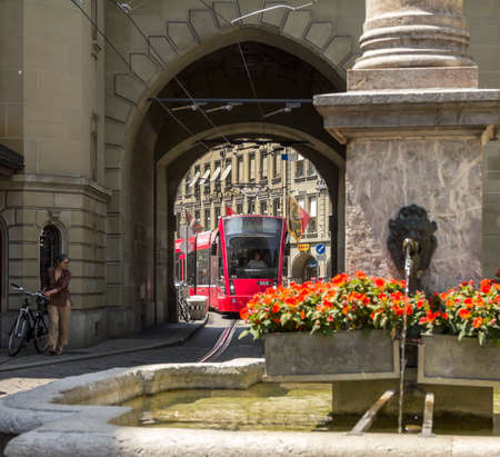 BERN, SWITZERLAND -  view of old town of Bern city, unesco world heritage site, It is a popular shopping street and medieval city centre of Bern, Switzerlandのeditorial素材