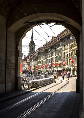 BERN, SWITZERLAND - view of old town of Bern city, unesco world heritage site, It is a popular shopping street and medieval city centre of Bern, Switzerlandのeditorial素材