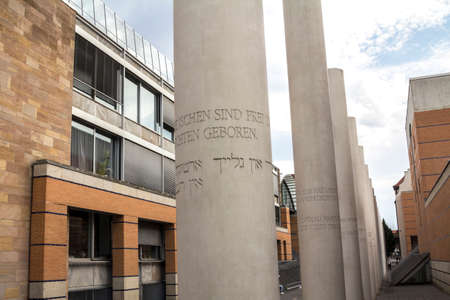 Nurnberg, Germany: Street of Human Rights with concrete pillars engraved with articles of the 1948 Universal Declaration of Human Rights on September 21, 2013 in Nuremberg, Germany.のeditorial素材