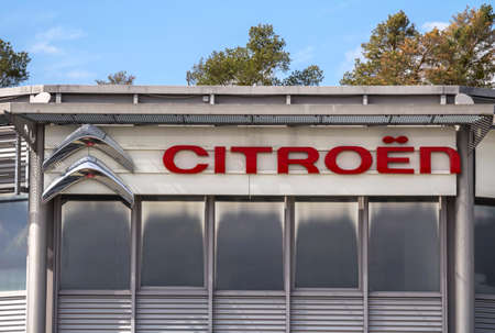 Nurnberg, Germany, Apr 4,2019:Citroen emblem at one of Citroen's auto dealerships, Citroen is a french car maker, part of PSA Peugeot Citroen,のeditorial素材