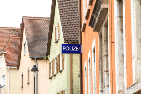 Hilpoltstein/ GERMANY - MAY 1, 2019: Polizei sign on a german police department in Hilpoltstein. The german word Polizei means policeのeditorial素材