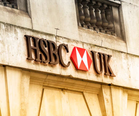 LONDON : HSBC UK branch exterior signage- high street store of British multinational banking companyのeditorial素材