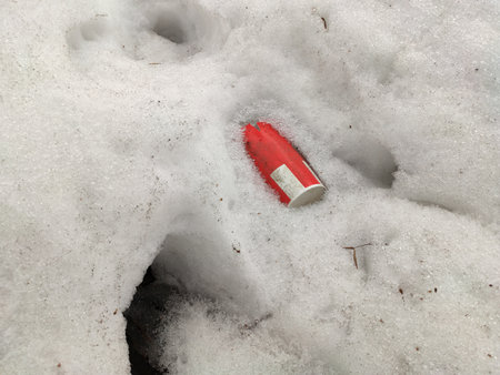 Plastic cup garbage popping up under the melting snow as a first sign of springの写真素材