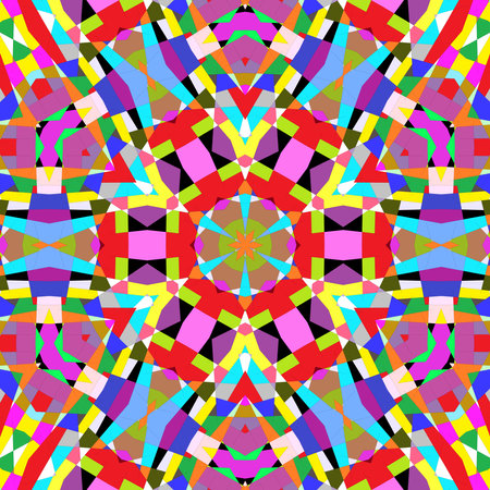 A colorful kaleidoscopic pattern with six angles and various shapes, curves and colors.のイラスト素材