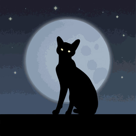 Black cat sitting on a background of the moon. Vector illustration.のイラスト素材