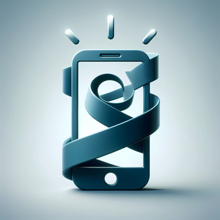 Smartphone with ribbon, 3d render, blue toned imageの素材