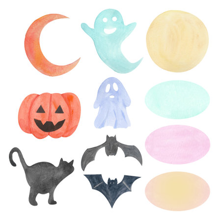 A set of bright, vibrant decorative elements. Isolated images that can be combined as desired, executed in a watercolor style. Perfect for website design, themed menus, or cards for Halloween, Christmas, New Year, or birthdays.の写真素材
