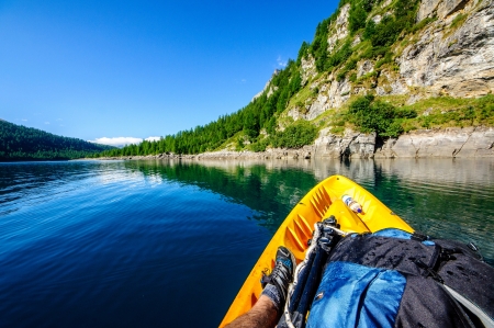 Landscape from boat in Devero's lake, Italyの写真素材