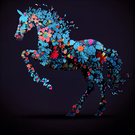 Horse silhouette made of flowers and butterflies on dark background. Vector illustration.の素材