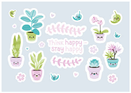 Sticker pack of smily cute flowers in pots. Isolated for stickers, pins, badges, fashion embroidery, temporary tattoos.のイラスト素材