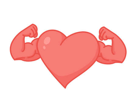 Strong heart character in cartoon style. Vector illustration of heart with muscular arms on white background as fitness and health concept.のイラスト素材