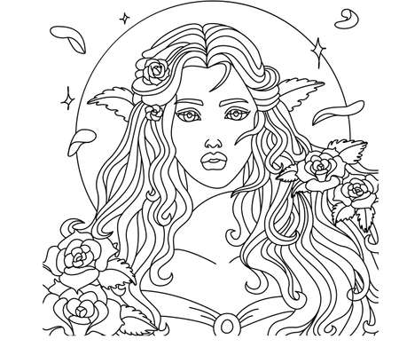 Printable coloring page: portrait of a beautiful princess with long hair and magical flowers in it.のイラスト素材