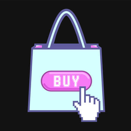 Online shopping concept: click to buy. Shopping bag and "buy" button in pixel style (blue and pink banner for web).のイラスト素材