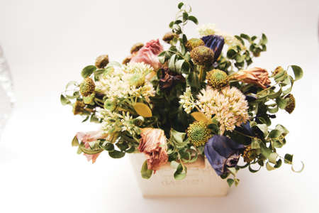 Dried summer flowers bouquet for gift to loved ones. Pot with an inscription "Flowers and garden"の写真素材