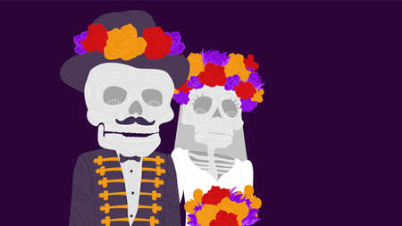 Two skeletons in wedding suits on blackのイラスト素材