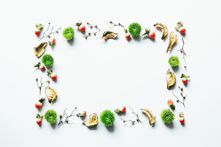 Frame with green flowers, and red berries on white background.