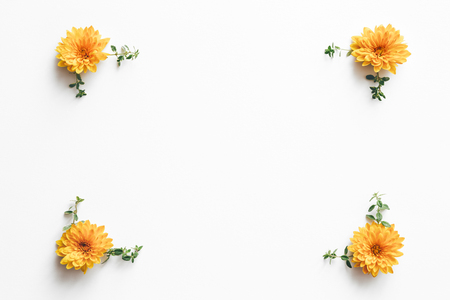 Arrangement with yellow flowers on white background. Copy space. View from above.の写真素材