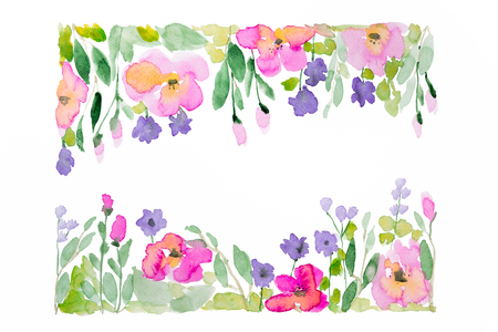 Watercolor frame with pink meadow flowers on white background. Design element.の写真素材