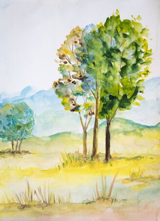 Watercolor painting of landscape with trees.の写真素材