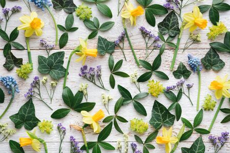 Easter arrangement with spring flowers on white wooden planks. View from above. Flat lay.の写真素材