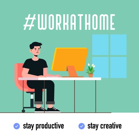 A man who sit in front of the computer during working at homeのイラスト素材