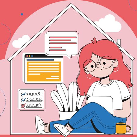 A girl who is doing self qurantine at homeのイラスト素材