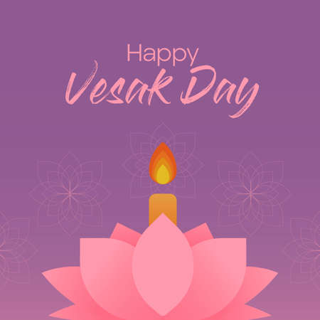 Happy Vesak Day (Selamat Hari Waisak) with purple background and candle light on pink lotus flowerのイラスト素材