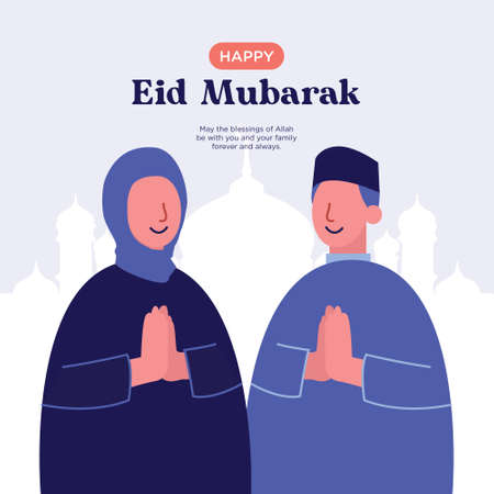 Happy Eid Mubarak Poster with Moslem Man and Woman Vector Illustrationのイラスト素材