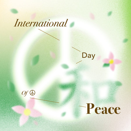 International Peace Day - green background with white peace symbol and flowers.の写真素材