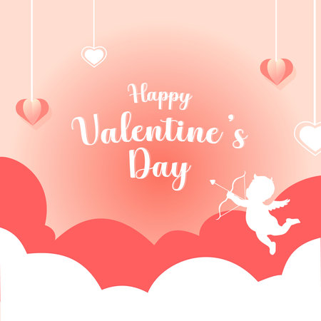 Valentine's day greeting card with cupid and hearts. Vector illustration.の写真素材