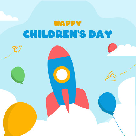 Happy Children's Day greeting card with rocket and balloons. Vector illustration.の写真素材