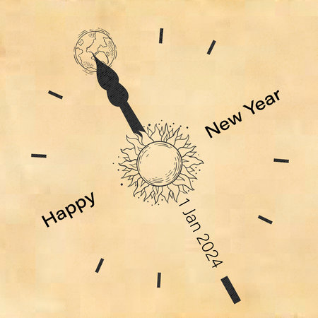 Happy New Year card with hand drawn sun and planet. Vector illustration.の写真素材