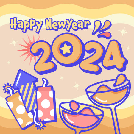 New Year 2024 1x1 sized Poster. A fun poster with fireworks, firecrackers and cocktails illustrations. It has orange purple, and blue colors.のイラスト素材
