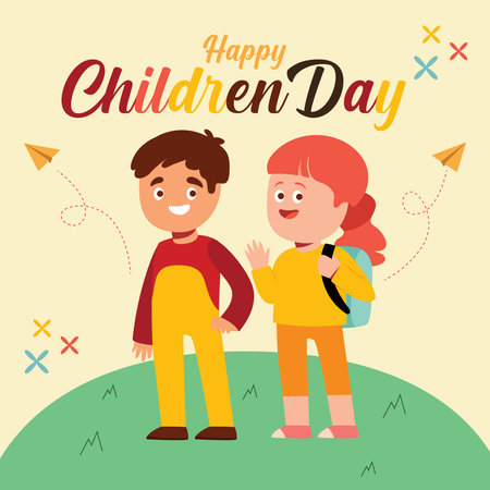Happy Children's Day greeting card. Cute little boy and girl with backpacks. Vector illustration.の写真素材