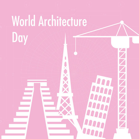 World Architecture Day design with building and crane over pink background, vector illustrationの写真素材