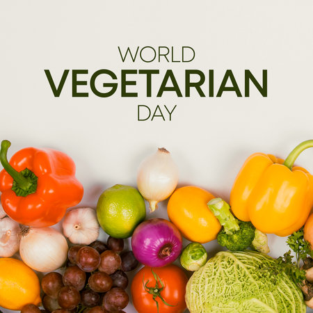 World Vegetarian Day background with fruits and vegetables on white background.の写真素材