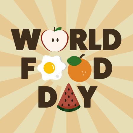 World food day poster. It has various food illustration such as fried egg and apple orange and watermelon fruits. Design is colorful with oranges stripes and brown text.のイラスト素材