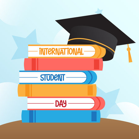 Graduation cap on stack of books. Education concept. Vector illustrationのイラスト素材