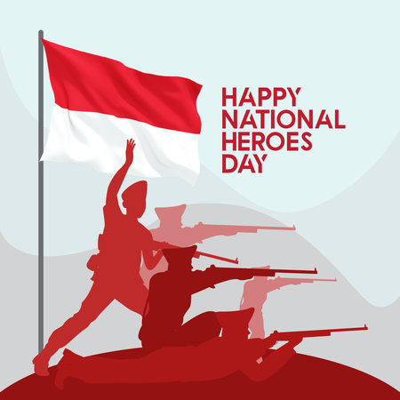 Indonesia National Day. Illustration with soldier and waving Indonesian flag.のイラスト素材