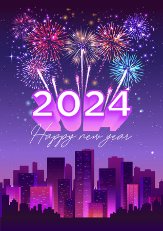 Happy new year 2024 with fireworks and cityscape background. Vector illustration.のイラスト素材