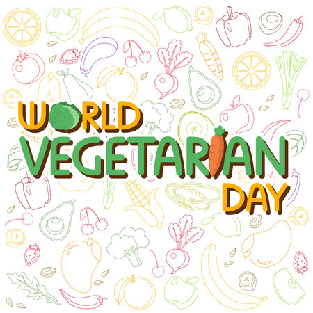 World Vegetarian Day poster. It has various vegetables illustration in the background.のイラスト素材