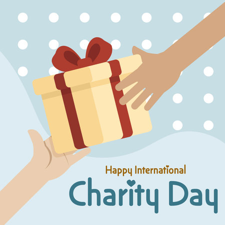 International Charity Day poster. It has Gift Box illustration and hand illustration handing over the gift with blue background.のイラスト素材